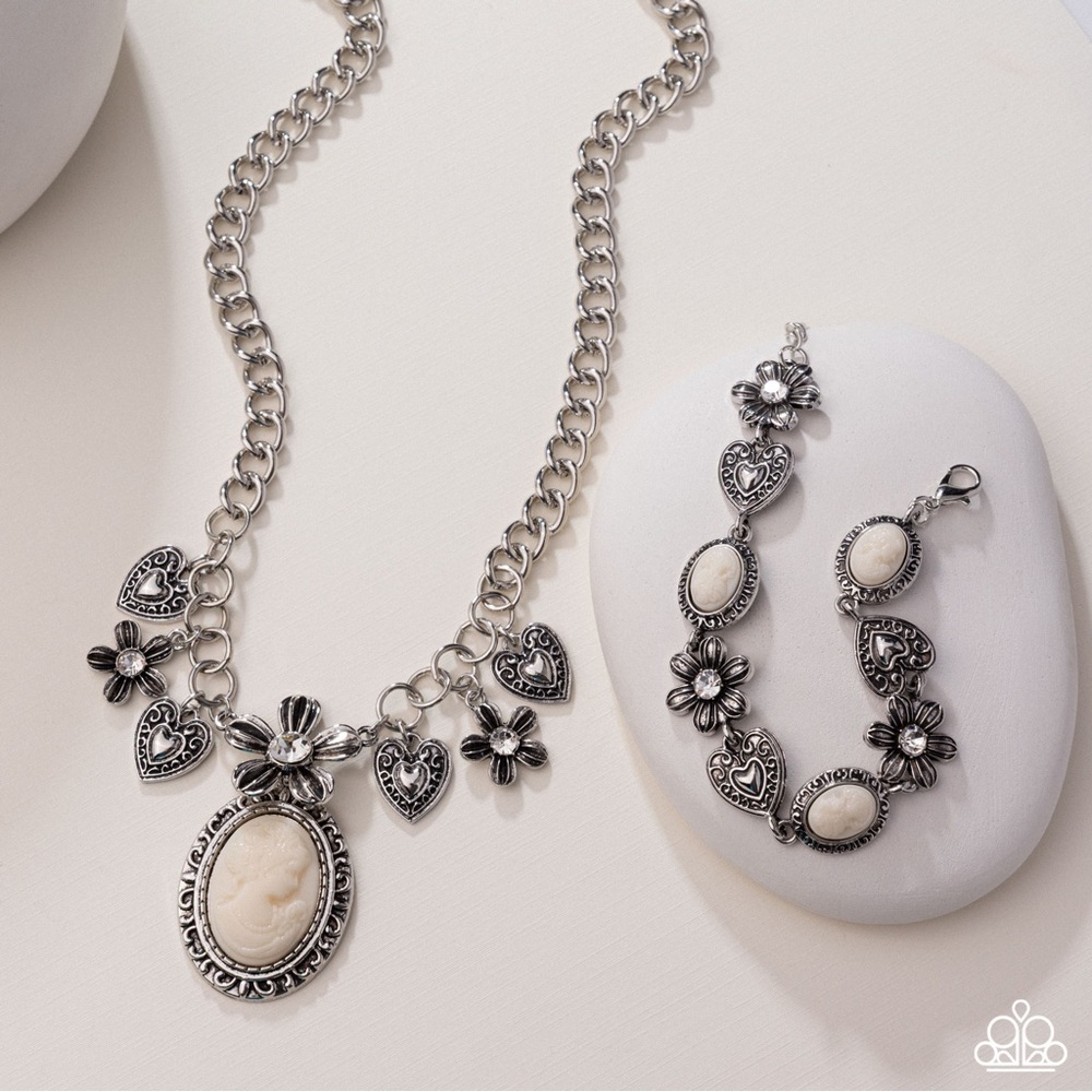 Elegant Silver and Cream Necklace and Bracelet Set